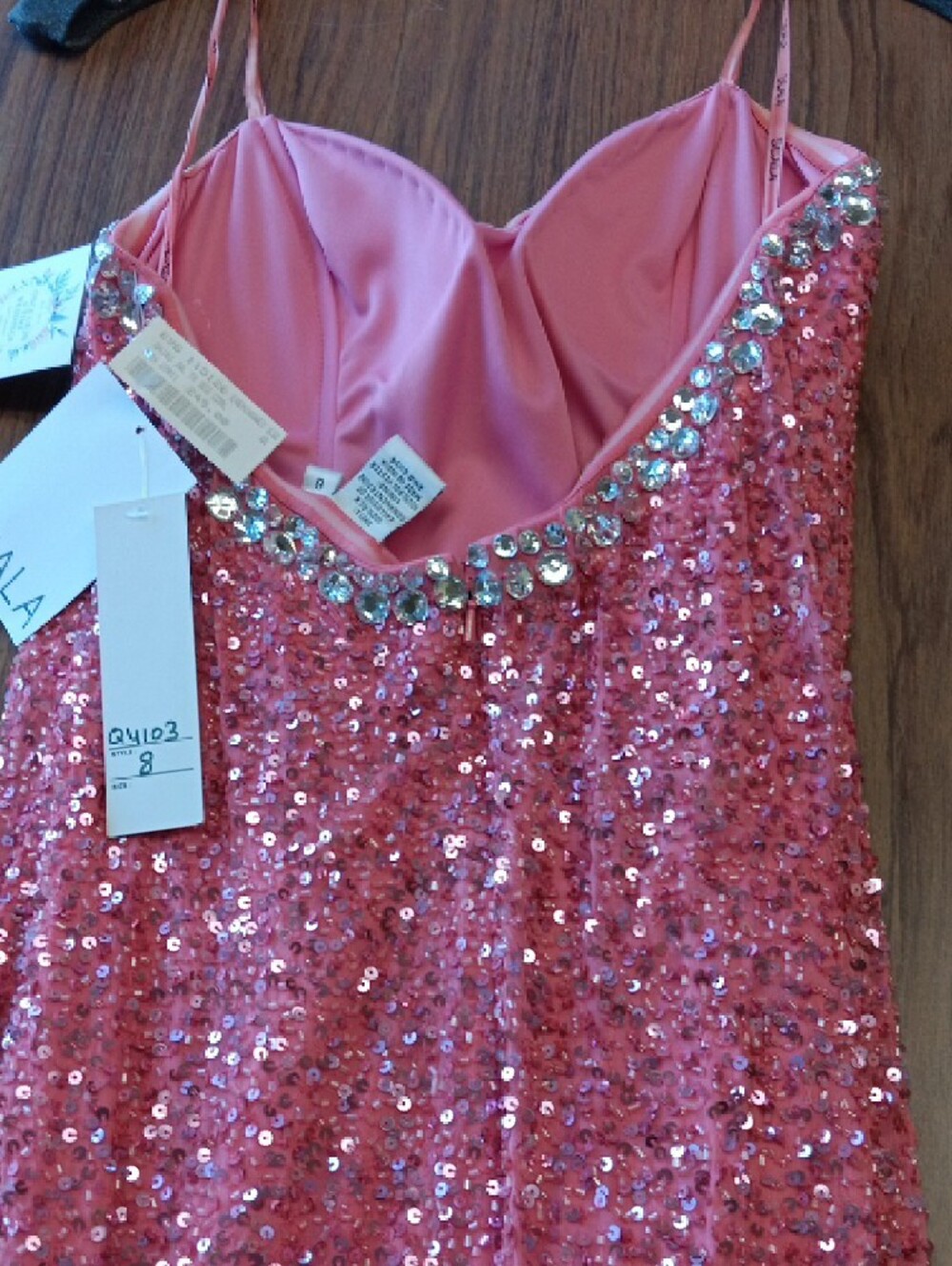 Scala Pink Sequin Slip Dress with Jeweled Neckline, Vintage, Size 8, BEAUTIFUL - Picture 12 of 16